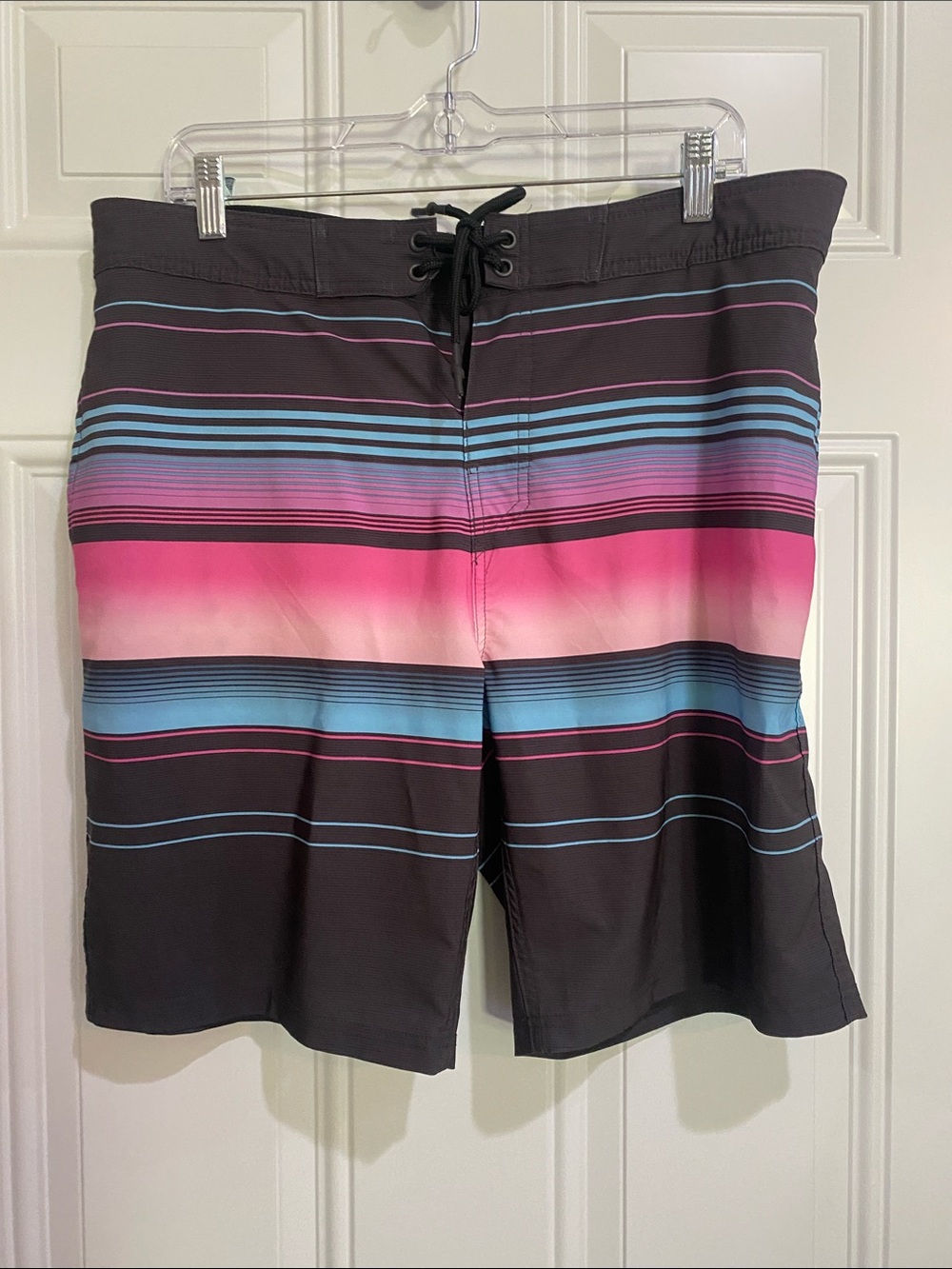 No Boundaries Black Board Shorts with Pink & Blue Stripes